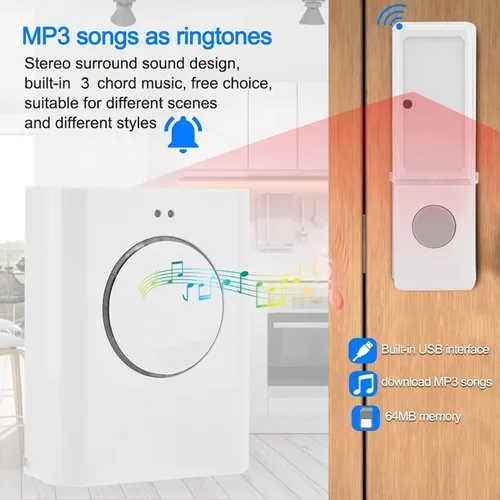 Vista 2 de Timbre inalámbrico con rango de 656.2 ft, timbre de puerta inalámbrico impermeable con descarga de MP3, volumen ajustable y soporte de tono
