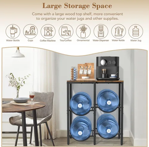 Vista 2 de VINAEMO Soporte para Jarra de Agua de 5 Galones, Soporte para Jarra de Agua de 3 Niveles con Tablero de Madera Extendido, Soporte de Almacenamiento