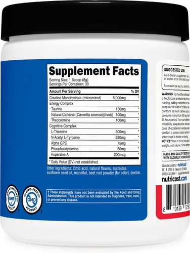 Vista 5 de Nutricost Creatina + Energía 30 porciones (sabor a ponche de fruta) - 5,000 mg de monohidrato de creatina + 350 mg de complejo energético por porción