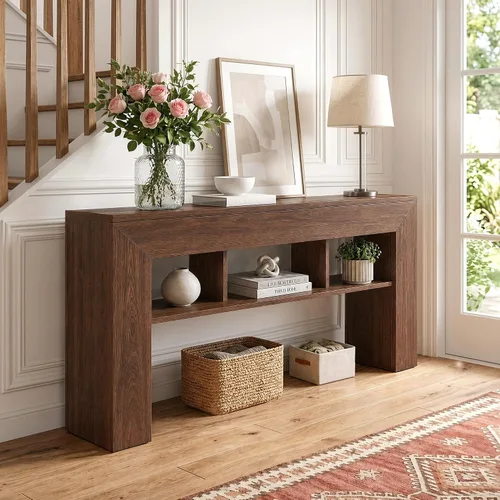 Vista 7 de EnHomee Mesa de consola de 63 pulgadas de largo para entrada con estantes de almacenamiento extra, mesa de sofá de estilo granja detrás del sofá