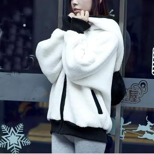 Vista 7 de Fronage Sudadera con capucha de panda para mujer, forro polar mullido, linda camiseta con cremallera y orejas