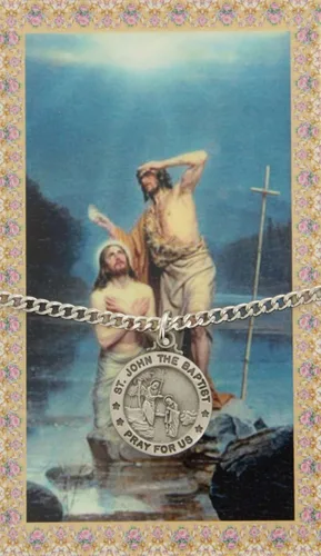 Vista 2 de Sterling Faith Medalla redonda de peltre San Juan el Bautista cadena infinita de 240in tarjeta de oración laminada