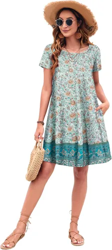 Vista 3 de Sherosa - Vestido de verano sin mangas o con manga corta, estampado floral, con bolsillos, casual, suelto, con vuelo, vestido estilo camiseta