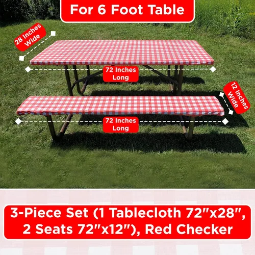 Vista 7 de Protector en las esquinas contra rasgaduras, 6 pies, mantel de vinilo ajustable para picnic con fundas de banco, impermeable, PEVA, juego de 3