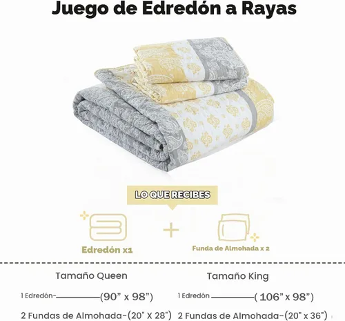 Vista 6 de Edredones Amarillos Tamaño Queen, Juego de Ropa de Cama de Algodón, Edredón Amarillo Gris Blanco, Ropa de Cama Rayada Tamaño Queen, Edredón de Lujo