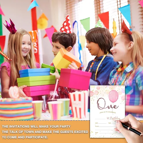 Vista 3 de Invitaciones para fiesta de primer cumpleaños, invitaciones de cumpleaños con purpurina de globo, invitaciones de cumpleaños de doble cara