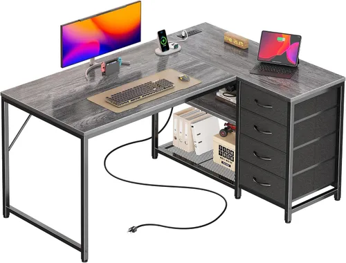 Vista 10 de PRAISUN Escritorio pequeño para computadora de 43.3 pulgadas con tomas de corriente y puerto USB-C, escritorio esquinero reversible en forma de L