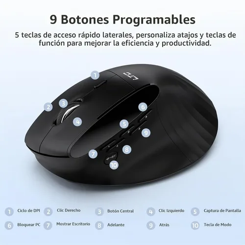 Vista 5 de LTC GM051 Ratón ergonómico vertical inalámbrico – 8K DPI óptico, 9 botones programables (5 lados), recargable 850mAh, Bluetooth