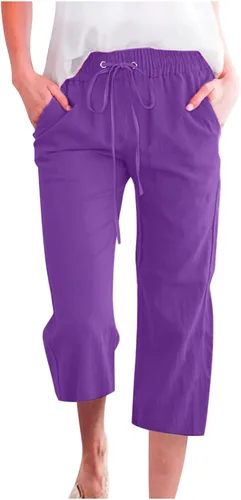 Vista 10 de Ceboyel Pantalones capri para mujer para verano, cintura elástica, pantalones de yoga, con cordón, pantalones de lino, pantalones de entrenamiento