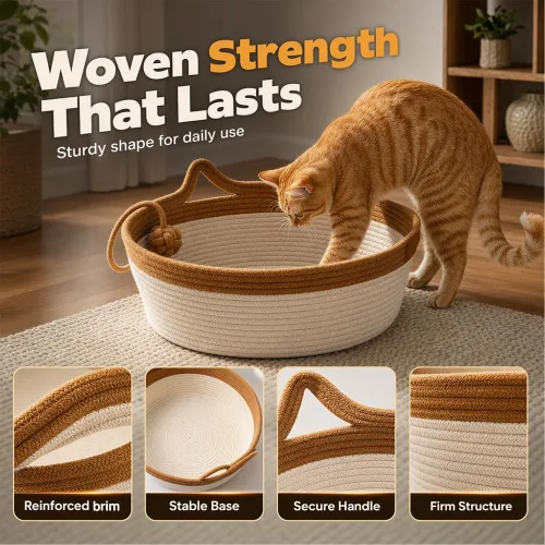 Vista 5 de Cesta tejida a mano para gatos, cesta de cuerda para gatos, marrón