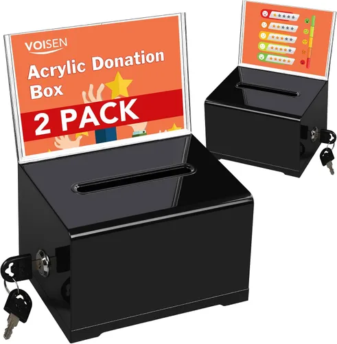 Vista 10 de VOISEN Caja de donación de acrílico con cerradura, frasco con punta negra y soporte para letrero, caja de sugerencias para recaudación de fondos