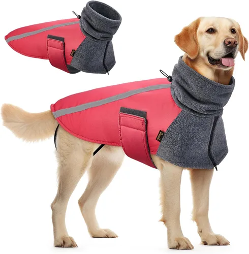 Vista 14 de SlowTon - Abrigo de invierno para perro, cálida chaqueta para perritos para exteriores con forro polar y bufanda de cuello de tortuga, chaleco