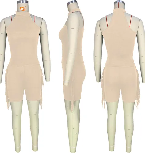 Vista 3 de LYANER Enterizo corto para mujer con borlas y cuello halter sin mangas
