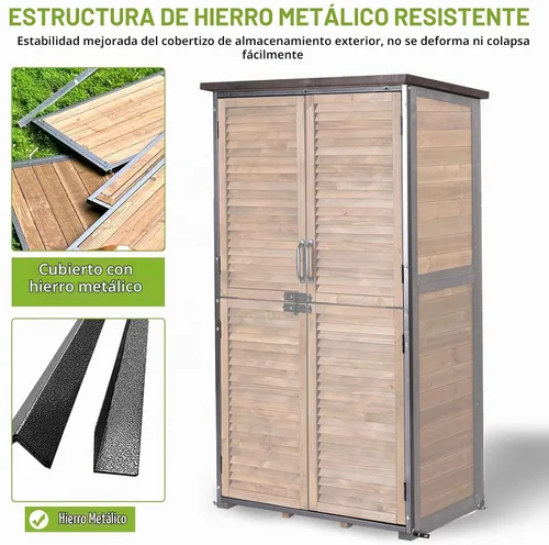 Vista 4 de Cobertizo de almacenamiento para exteriores, armario de jardín con marco de hierro resistente, cobertizo de jardín grande con piso, impermeable
