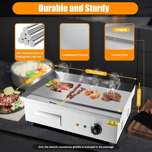 Vista 2 de Plancha eléctrica antiadherente de 3000 W, parrilla termostática de doble control de 572 °F/572.0 °F con disyuntor de sobrecarga, parrilla