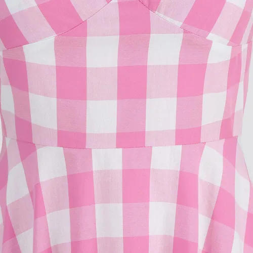 Vista 5 de ODASDO Vestidos de los años 50 para mujer, estilo vintage, rockabilly, retro, cuello halter, tirantes delgados, a cuadros, acampanado, vestido midi