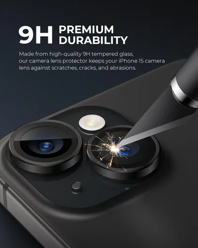 Vista 3 de UARMOR - Protector de lente de cámara para iPhone 15 y 15 Plus 9H de vidrio templado y anillo de aluminio delgado, transparente ultra HD, kit