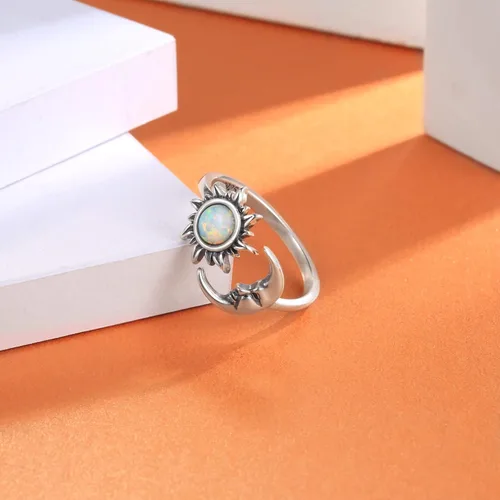 Vista 4 de Anillo de ópalo con sol y luna ajustable, plata de ley 925, con cara de luna creciente, regalo de joyería vintage para mujer