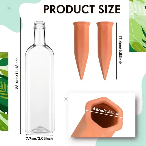 Vista 2 de Dandat 8 Piezas 34oz Dispositivos de Riego de Plantas Incluyen Picos de Riego Automático de Terracota con Botellas de Plástico de Liberación Lenta