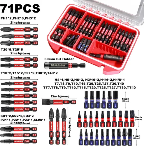Vista 2 de Geinxurn Juego de Puntas de Destornillador de Impacto, 71 Piezas, Estuche de Almacenamiento Magnético de Acero S2, Puntas de Inserción Múltiple