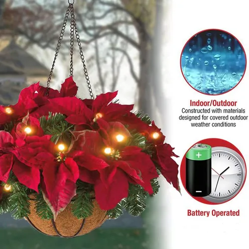 Vista 7 de Cesta colgante de Navidad preiluminada de 17.7 pulgadas, flor de pascua artificial, maceta colgante de flores de Navidad con luces, cesta de Navidad