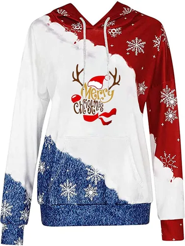 Vista 6 de MRGIINRI Sudadera con capucha de Navidad 2022 para mujer, manga larga, estampado de Navidad, bloque de color, sudaderas con capucha con bolsillo