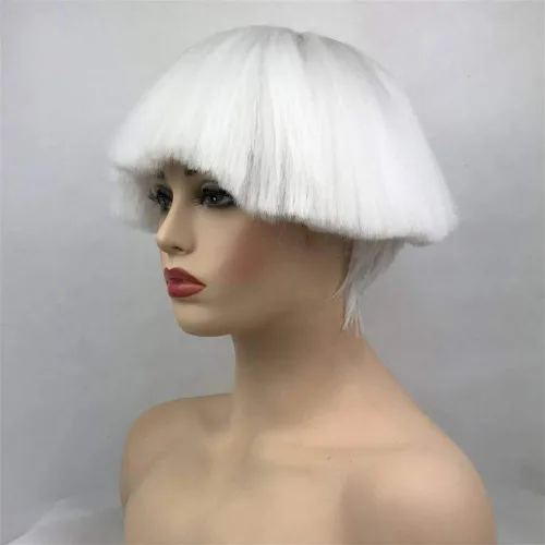 Vista 4 de Aimole Pelucas sintéticas rectas cortas Yaki blanco hongo cabeza peluca Bowl corte de pelo pelucas Bob (1001 blanco)