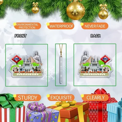 Vista 2 de Adorno navideño de España Madrid acrílico transparente de doble cara para decoración de árbol, colgante de recuerdo de viaje, colección turística