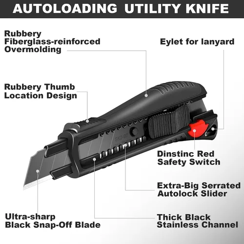 Vista 2 de HAUTMEC Cuchillo utilitario de 18 mm con agarre suave y bloqueo automático con interruptor de seguridad rojo, cortador resistente con hoja negra