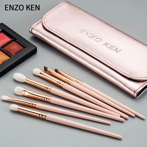 Vista 6 de ENZO KEN Juego de brochas de sombra de ojos de pelo natural de cabra profesional, juego de brochas de mezcla de sombra de ojos con estuche, pinceles