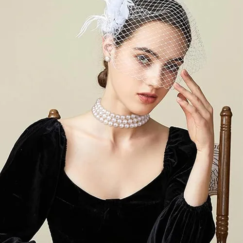 Vista 7 de Flyonce Juego de collar de perlas de los años 20, gran Gatsby collar de perlas de múltiples hebras con aretes, collar de perlas de imitación