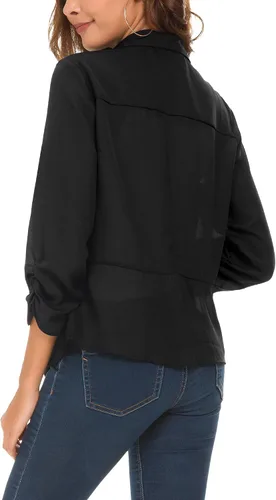 Vista 5 de Urban CoCo Blazer ligero de gasa fina con mangas fruncidas para mujer Negro