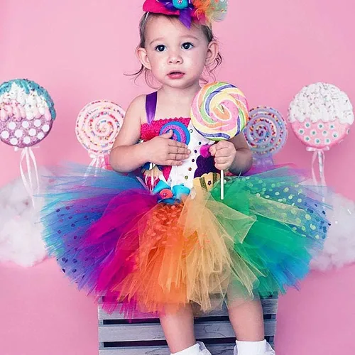Vista 2 de DosTutu Vestido tutú de caramelo arcoíris para niñas de 1 a 10 años con diadema, cumpleaños, Pascua, carnaval, fiesta