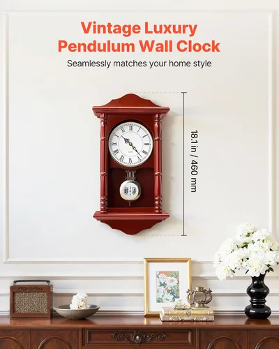Vista 2 de VEVOR Reloj de pared vintage de abuelo, reloj de pared de madera de pino de 18 pulgadas con péndulo, relojes de pared de MDF con movimiento