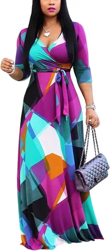 Vista 2 de Akmipoem Vestido largo largo con cuello en V y manga 34 con estampado floral para mujer