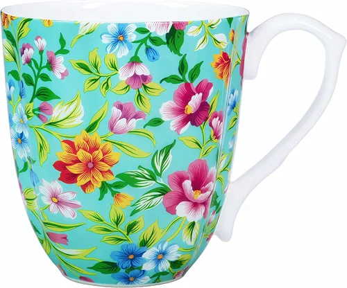 Vista 10 de Taza floral de porcelana de hueso de 14 onzas, taza de café floral para mujeres y hombres, taza de té de café de porcelana de hueso con asa cómoda