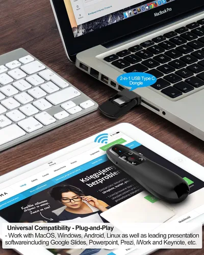 Vista 5 de Presentador inalámbrico de presentación remota Clicker: USB tipo C PowerPoint Clicker con puntero rojo Control PPT de largo alcance - Avanzador