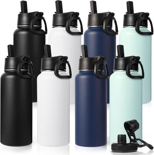 Vista 12 de Neihepal Botella de agua aislada de 32 onzas con 2 tapas (tapa con pajilla y boquilla), botellas de agua de doble pared de acero inoxidable 18/8