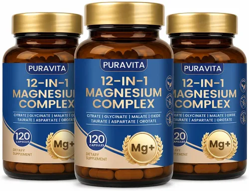 Vista 9 de Puravita Complejo 12 en 1 de magnesio, magnesio 12 en 1, para mujeres y hombres con glicinato, citrato, malato, óxido, taurat y más para apoyo