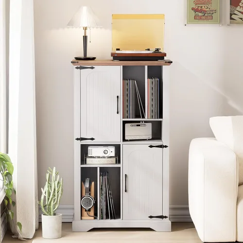 Vista 8 de Maupvit Soporte grande para tocadiscos, armario de almacenamiento de discos de vinilo blanco de granja de 47 pulgadas con puertas de granero