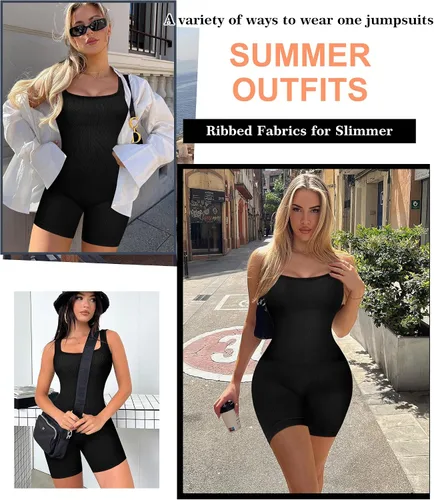 Vista 5 de TrainingGirl Mameluco de yoga para mujer, overol atlético acanalado, sin costuras, de una pieza, cuello cuadrado, camiseta sin mangas, para hacer