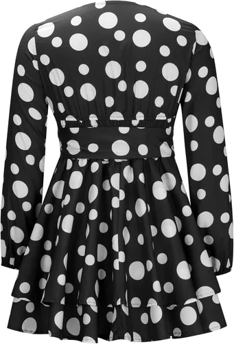 Vista 3 de YZHM Long Sleeve Dress for Women Deep V Neck Polka Dots Print Smocked Waist Short Mini Dress Bowknot Belted Layered Dress