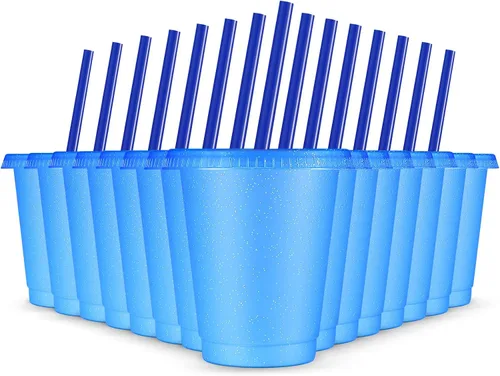 Vista 15 de Rtteri 15 vasos reutilizables con popotes y tapas, vasos de plástico con purpurina de 16 onzas, vasos de plástico para recuerdos de fiesta con Negro