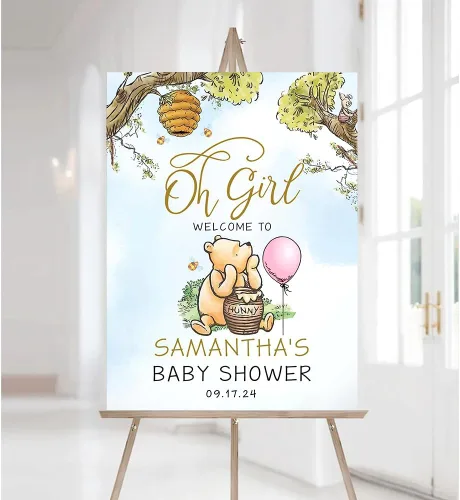 Vista 10 de Letrero de bienvenida personalizado de Bear Pooh para baby shower, regalos clásicos personalizados para bebés, niños y niñas, decoraciones de oso #12