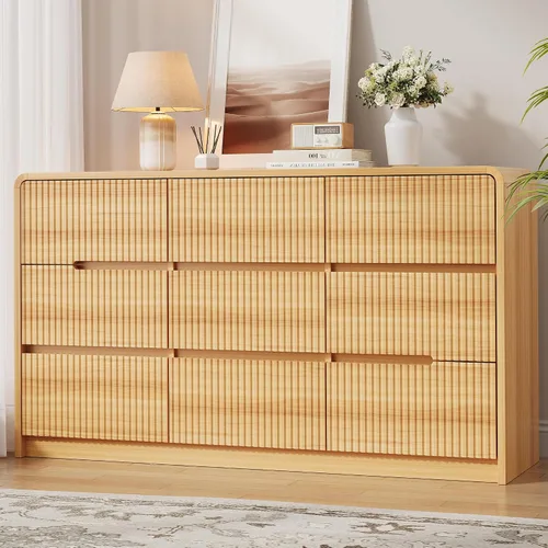 Vista 23 de Cómoda de madera negra para dormitorio, 5 cajones para almacenamiento de ropa, cómoda moderna con cajones anchos, cómoda de madera amplia para sala