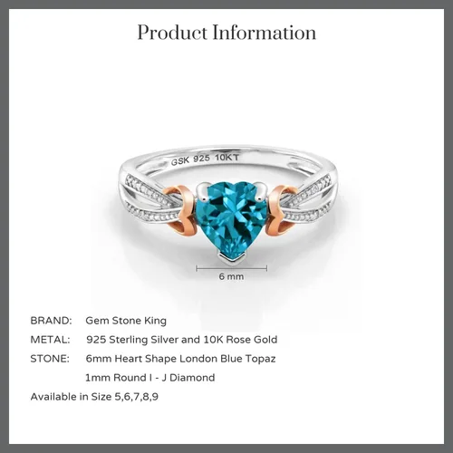 Vista 5 de Gem Stone King Anillo de compromiso con piedra preciosa y diamantes con forma de corazón de 0.236 in Plata 925 y oro rosa de 10 quilates Anillo