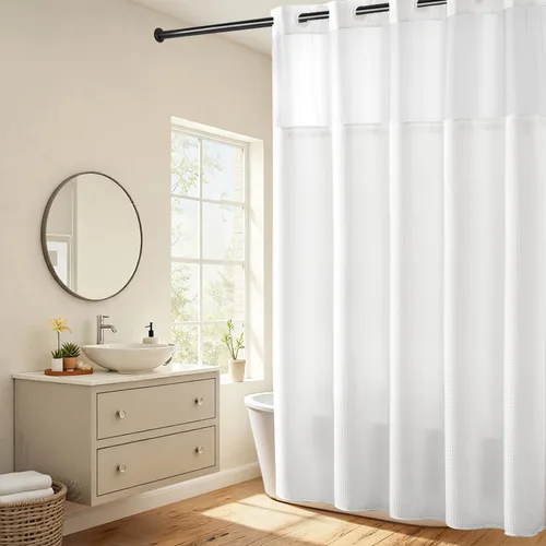 Vista 45 de Cortina de baño River Dream de gran peso sin ganchos necesarios con diseño de gofre punteado y forro a presión - 36W x 74H, de calidad hotelera