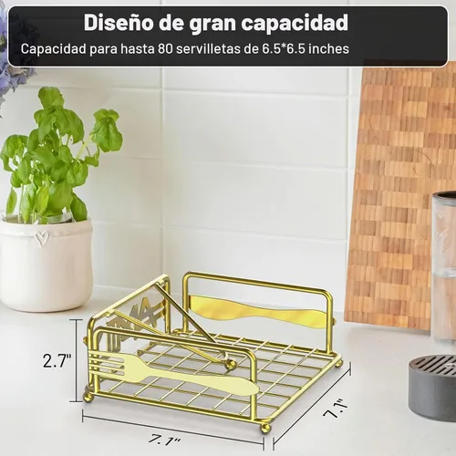 Vista 6 de Servilletero para mesa, dispensador de servilletas plano con brazo con peso, soporte cuadrado de papel de cóctel de elegante hierro rústico para Oro