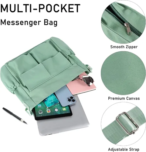 Vista 6 de Bolso bandolera de lona para hombres y mujeres, bolso vintage para laptop, bolsa grande con múltiples bolsillos