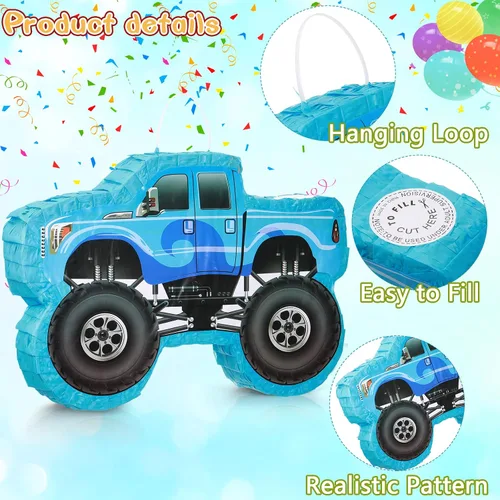 Vista 7 de Piñata de camión pequeño, piñata de camión de cumpleaños para niños, piñata de construcción con palo, confeti para niños, suministros de fiesta